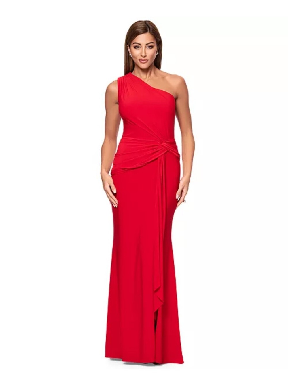 Xscape One Shoulder Ruched Draped Red Maxi Gown Size 16 Formal Evening Dress